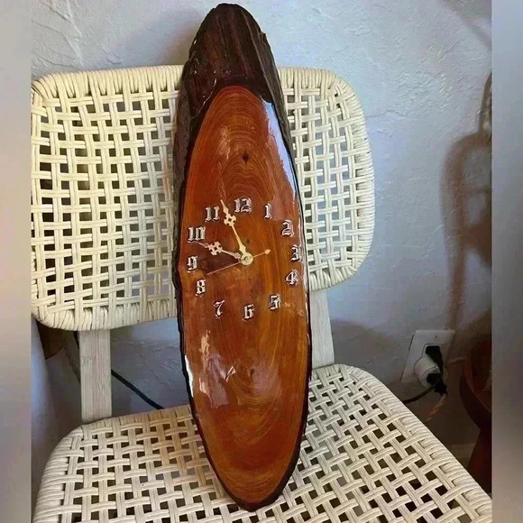 Vintage Mid Century Modern Lacquered Wooden Wall Clock | Rustic Boho Wood Decor - Picture 3 of 10